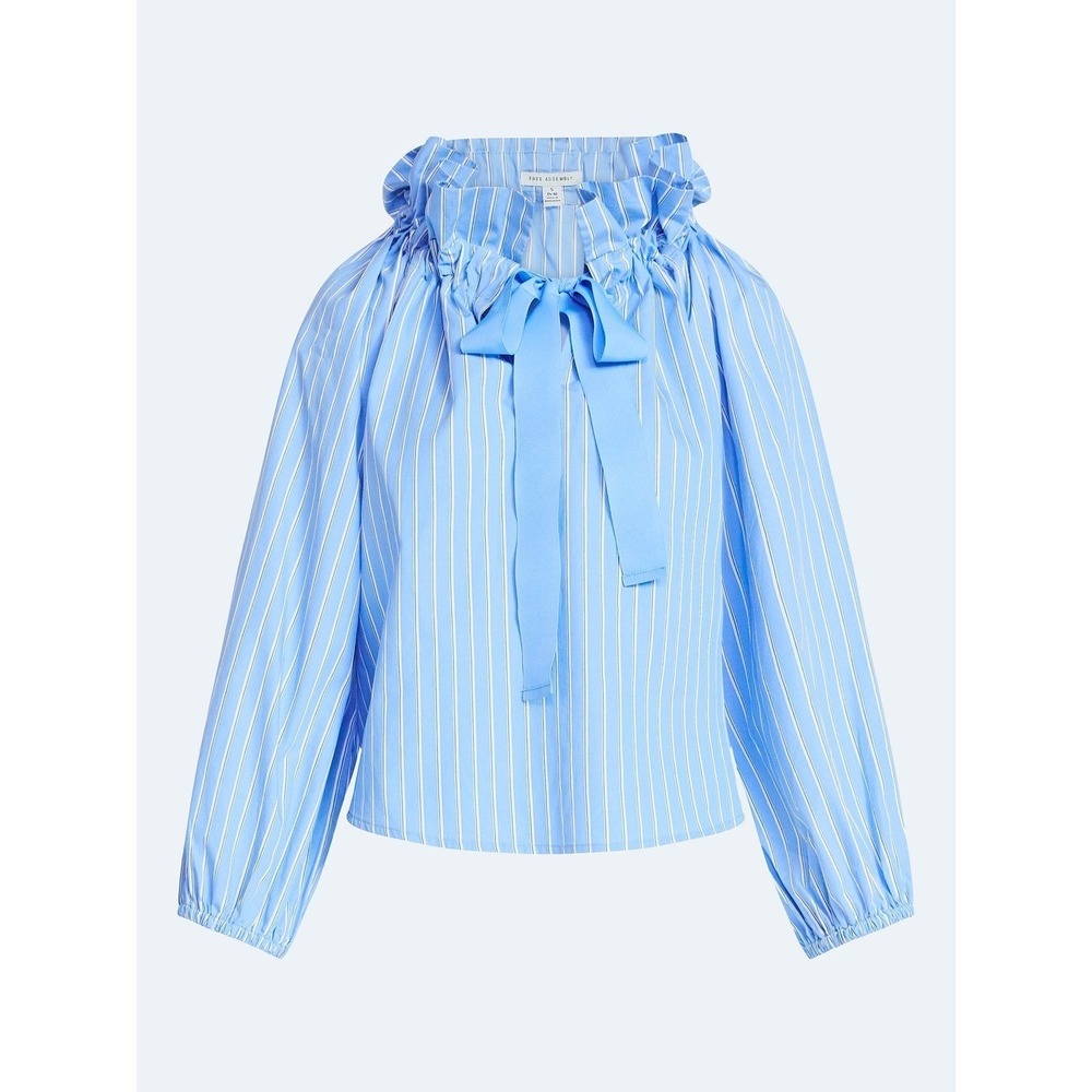 Free Assembly Puff Neck Tie Blue White Stripe Ruffle Blouse Women Sz Large 12/14